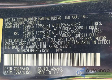 2011 Toyota Highlander Base V6 z USA, uszkodzony, nr VIN 5TDZK3EH9BS041518